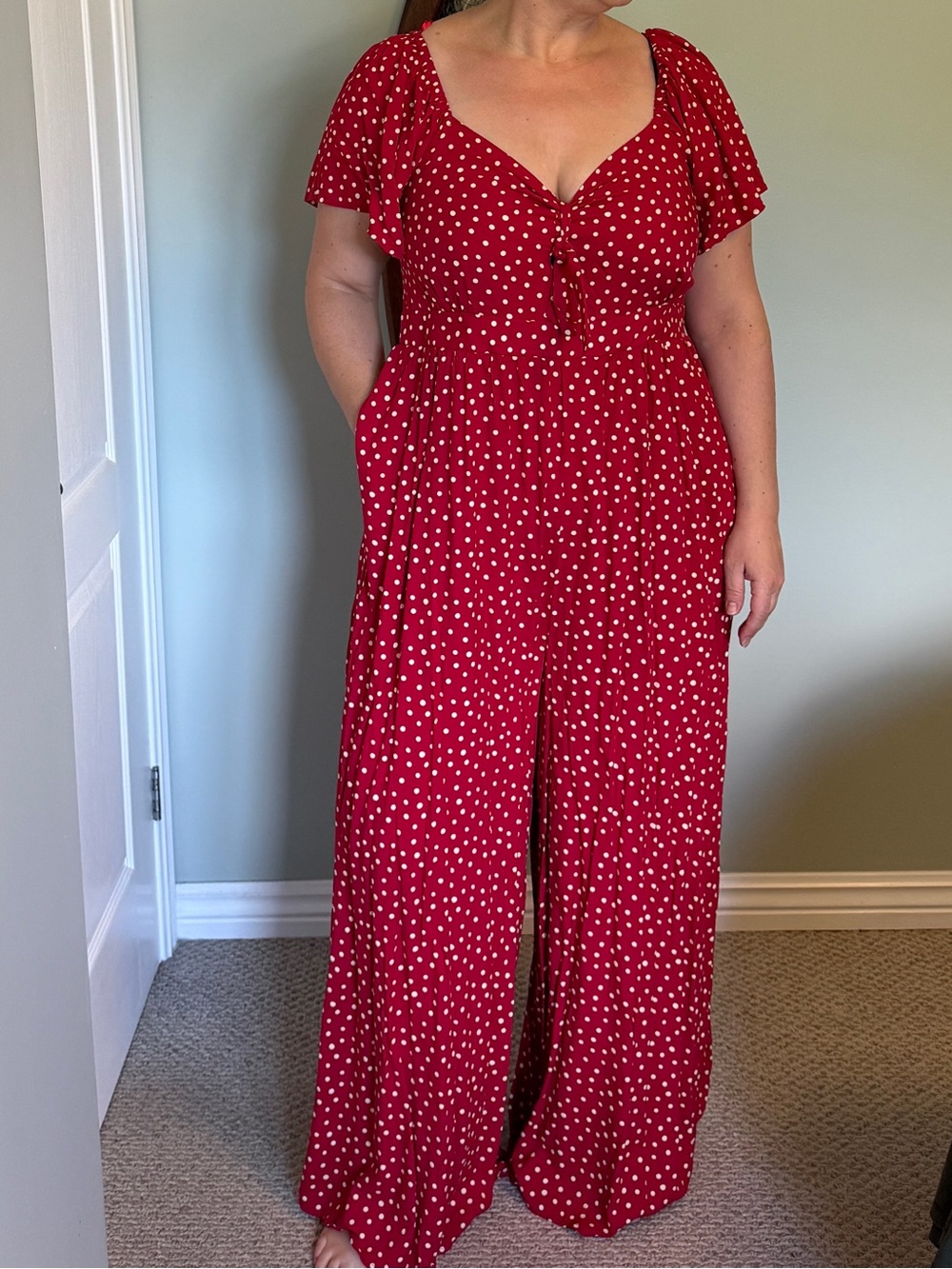 Vibrant Red Wide-Leg Jumpsuit with Polka Dots